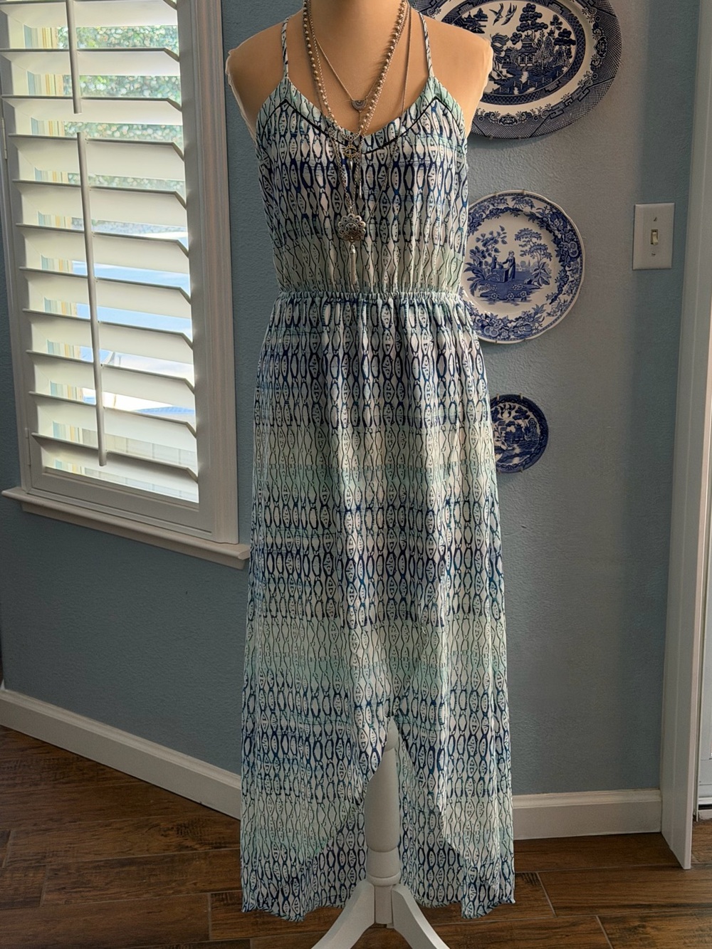 Sanctuary Blue and White Patterned Spaghetti-Strap Maxi Dress